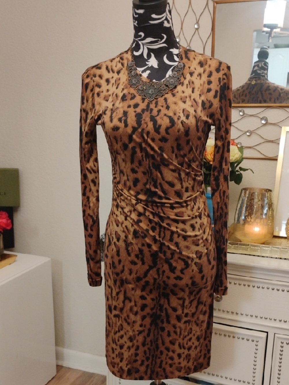 Tory Burch Leopard Print Long-Sleeve Ruched Dress - Brown and Black